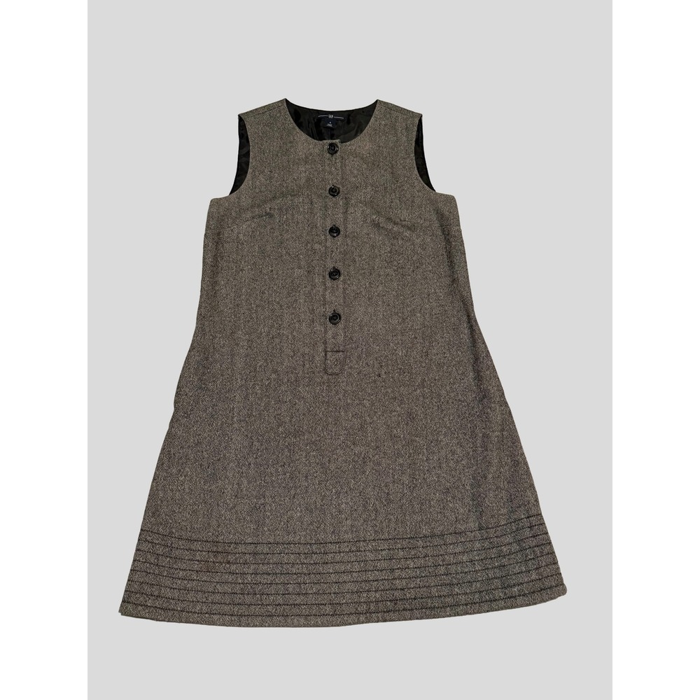 Vintage Gap Gray Wool Blend Tweed Sleeveless Shift Dress Button Front Size 6